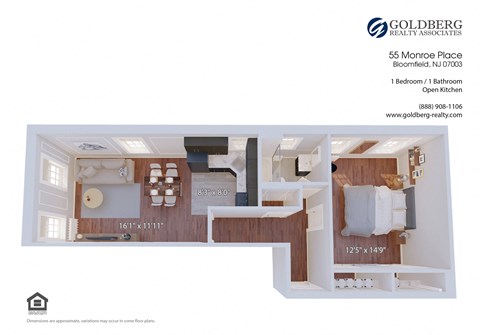Floor plan for 1 bed, 1 bath, 705 sqft